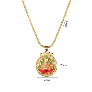 Golden enamel lotus flower pendant necklace with traditional Chinese folk design