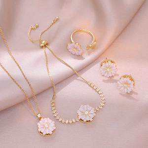 Rotating Daisy Flower Jewelry Stainless Steel Zircon Enamel Necklace Earrings Ring Bracelet Women Dainty Floral Accessory
