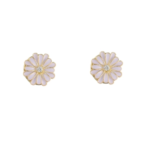 Detail of lavender daisy stud earrings with gold plating and center zircon crystals