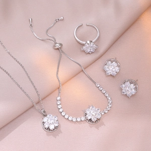 Spinning Flower Necklace Earrings Ring And Bracelet Luxury Titanium Steel Zircon Micro Pave Zirconia Floral Style Women