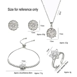 Silver flower jewelry set with necklace earrings bracelet and ring in sparkling zircon