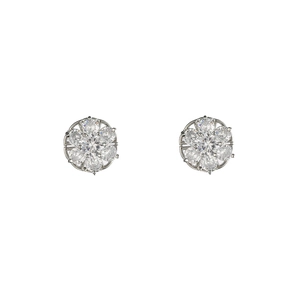 Macro view of silver floral stud earrings with cluster-set round cubic zirconia stones