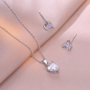 Heart Zircon Necklace And Heart Earrings Jewelry Titanium Steel With 925 Sterling Silver Earring Post For Women