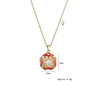 Rotating four-leaf zircon pendant gold necklace with red enamel flower and clear crystal