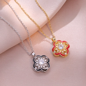 Rotating Clover Flower Pendant Necklace Stainless Steel Zircon Inlaid Enamel Jewelry For Women