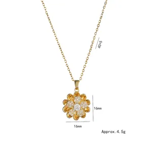 Collier fleur dorée avec pendentif zircon, chaîne en acier titane, design de 16mm