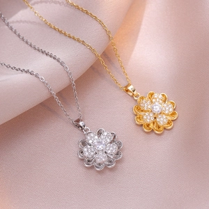 Collier Pendentif Fleur Rotative En Acier Inoxydable Incrusté De Zircon Élégante Chaîne De Clavicule De Style Coréen Pour Femmes