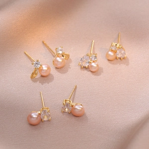 Freshwater Pearl Earrings With Zirconia Copper Geometric Elegant Fashion Jewelry For Women Silver Earring Post