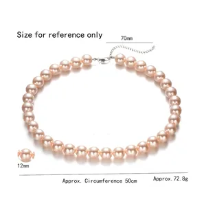 Pink champagne pearl necklace with 12mm beads and adjustable extension chain on white background