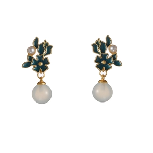 Vintage gold-plated earrings with green enamel flowers and hanging pearl pendants