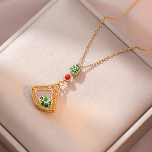Collana Con Pendente A Ventaglio Stile Cinese Retrò Acciaio Inossidabile Placcato Oro Finto Giada Fiore Smalto Gioielli Donne