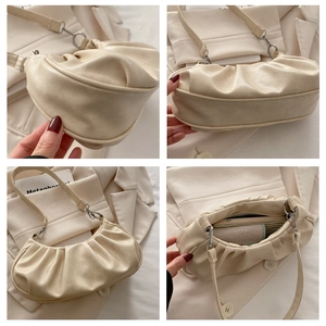 Detailed interior and exterior views of a beige pleated shoulder bag with silver hardware
