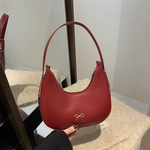 Women PU Leather Underarm Hobo Bag Silver Bow Decoration Retro Fashion Korean Sweet Shoulder Handbag