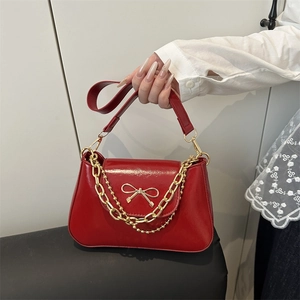 Women PU Leather Underarm Bag Gold Bow Metal Chain Shoulder Handbag Fashion Elegant French Style