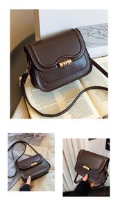 Detail of vintage brown saddle bag with golden cylindrical twist lock and matte leather texture