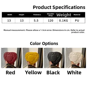 Detailed view of quilted heart phone bag in four colors with gold chain straps