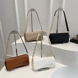 Minimalist square crossbody bag with asymmetric flap and metal chain strap in four colors
