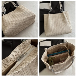Detail view of woven tote bag featuring herringbone texture and spacious interior storage