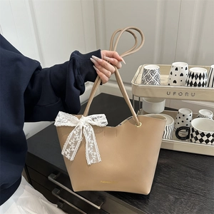 Damen PU Leder Einkaufstasche Große Kapazität Beuteltasche Schultertasche Mit Spitzenschleife Eleganter Koreanischer Stil Handtasche