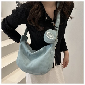 Detailed look at Morandi blue corduroy crossbody dumpling bag with matching small round pouch