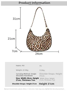 Detail view of leopard print crescent bag with size specs and PU leather material info