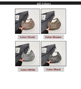 Detail view of leopard print crescent shoulder bags in khaki, coffee, white and black colors