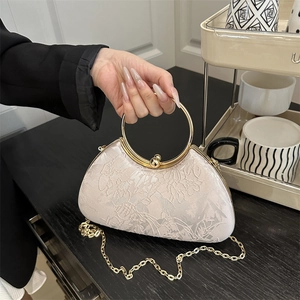 Women Vintage Jacquard Floral Evening Bag With Gold Ring Handle Elegant Embroidered Clutch Purse Chain Shoulder Handbag For Wedding Party