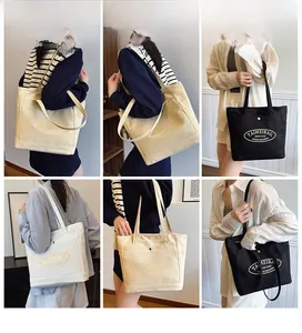 Collage of model wearing minimalist canvas tote bags in beige, black, and white colors