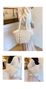 Detail of cream woven bucket bag with brown embroidery and wooden bead tassel charm