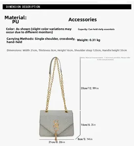 Detailed view of silver glitter crossbody bag showing 21x16x8cm dimensions and chain strap
