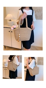 Woven bucket bag with dark polka dots, decorative tassels and wooden beads in detail