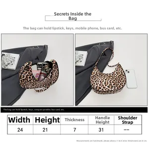 Size chart showing large capacity leopard print hobo bag with detailed dimensions