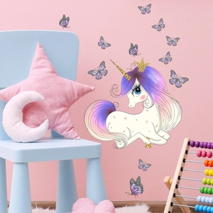 Luminous unicorn and butterfly wall stickers for children's room in pink nursery setting