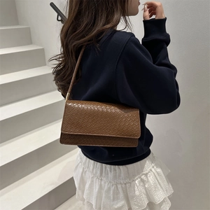 Brown faux crocodile embossed shoulder bag with elegant minimalist rectangular design