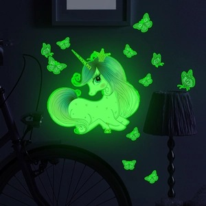 Luminous unicorn and butterfly wall stickers with glowing green effect for home decor
