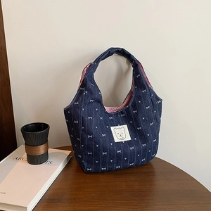Damen Denim Handtasche Vintage Schleife Herz Print Tote Mit Cartoon Bär Applikation Gestreiftes Futter Lässig Klein Pendeln