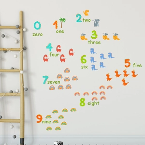 Detail of colorful dinosaur and number wall decals with English words for kids education