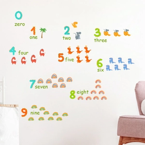 Educational wall stickers with colorful numbers 0-9 and cartoon dinosaurs for kids