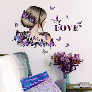 LOVE Artistique Silhouette de Femme Papillon Sticker Mural PVC Romantique Violet Bleu Mural pour Chambre à Coucher Maison