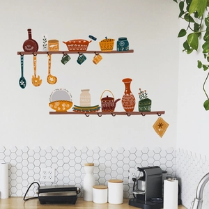 Nordic vintage kitchen wall decals featuring hand-drawn shelves and rustic cookware set