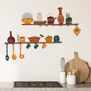 Nordic vintage kitchen wall decals featuring bohemian pots and tea kettles on shelves