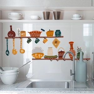 Nordic vintage kitchen wall stickers set featuring folk art pots and utensils in warm tones