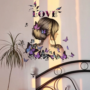 Sticker mural élégant avec profil de femme, papillons et texte LOVE pour décoration