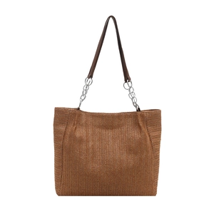 Large hand-woven brown tote bag with silver chain straps and spacious design for women