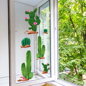 Cactus Wall Stickers PVC Static Cling Window Decals Green Succulent Plants Design Home Living Room Bedroom Decoration
