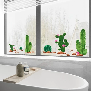 Hand-painted cactus window glass stickers set for bathroom decoration with floral details