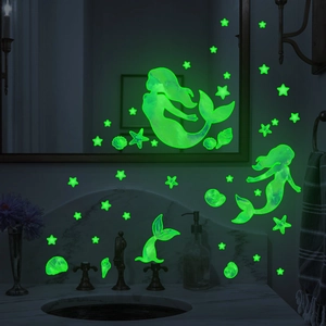 Glow In The Dark Mermaid Wall Stickers PVC Fluorescent Star Starfish Shell Self Adhesive Bathroom Bedroom Decor