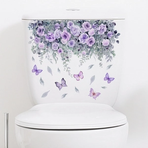 Romantic purple rose and butterfly self-adhesive floral wall sticker for bathroom decor