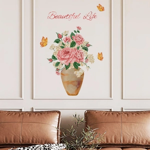 Wandsticker mit rosa Rosen, Vase und Schmetterlingen für Wohnzimmer Wanddekoration