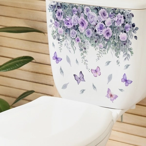 Purple rose flower and butterfly waterproof wall stickers for home bathroom decor